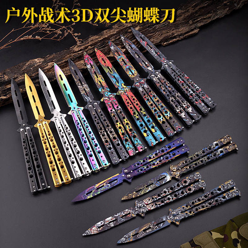 공장 CSGO 게임 더블 지적 나비 나이프 도구 스테인레스 스틸 훈련 연습 접이식 칼 스윙 칼 접는 칼