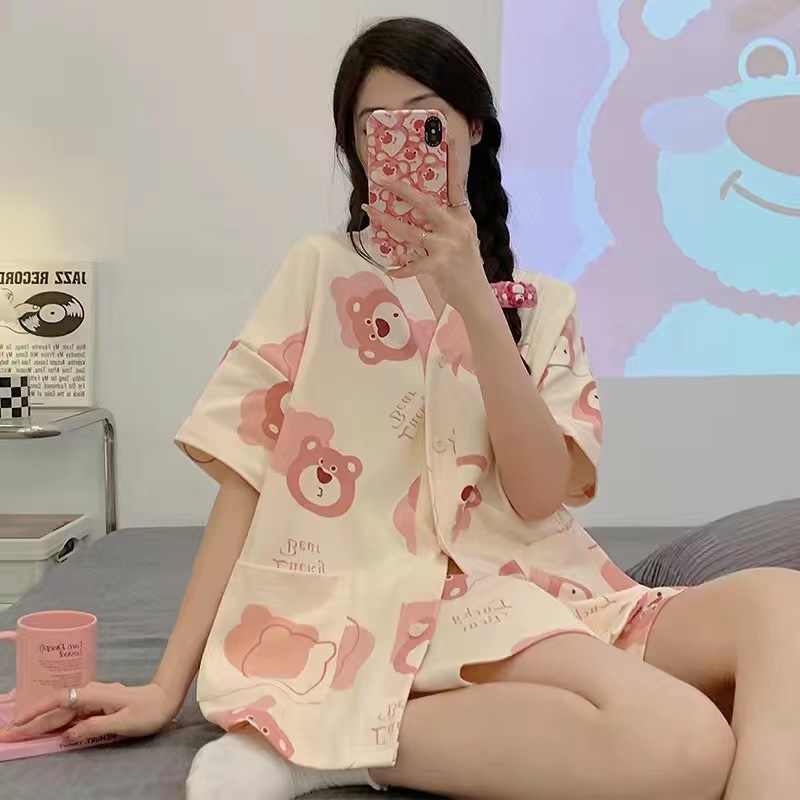 Pijamas para mujer verano lindo dibujos animados dulce traje de manga corta para mujer cárdigan suelto verano servicio a domicilio primavera y otoño