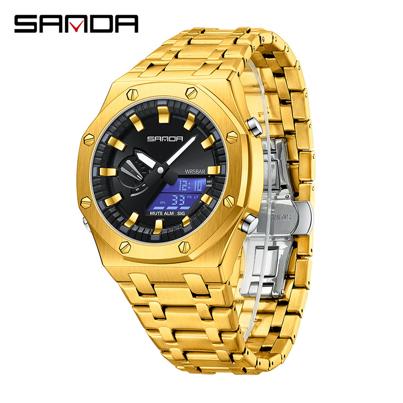 SANDA reloj electrónico popular correa de acero Luz de elevación manual reloj despertador multifuncional de moda para hombres frescos 3357