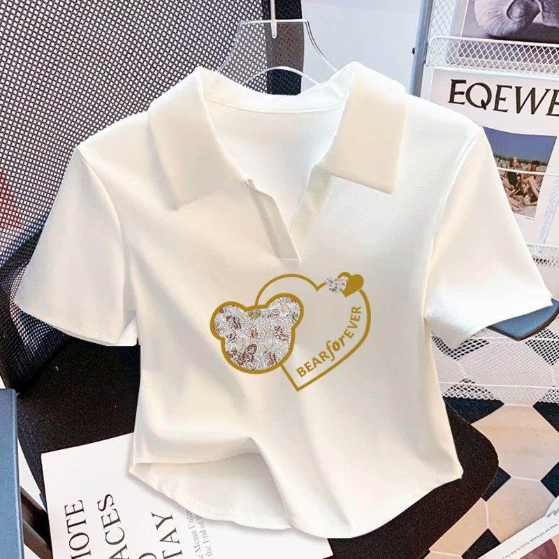 Threaded Cotton White Polo Lapel Shoulder Short-sleeved T-shirt Women's Summer French Elegant V-neck Short All-match Top for Women Threaded Cotton White Polo Lapel Shoulder Short-sleeved T-shirt Women's Summer French Elegant V-neck Short All-match Top for Women