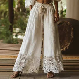 跨境新款亚马逊速卖通独立站欧美春夏时尚仿棉麻纯色花边女裤现货