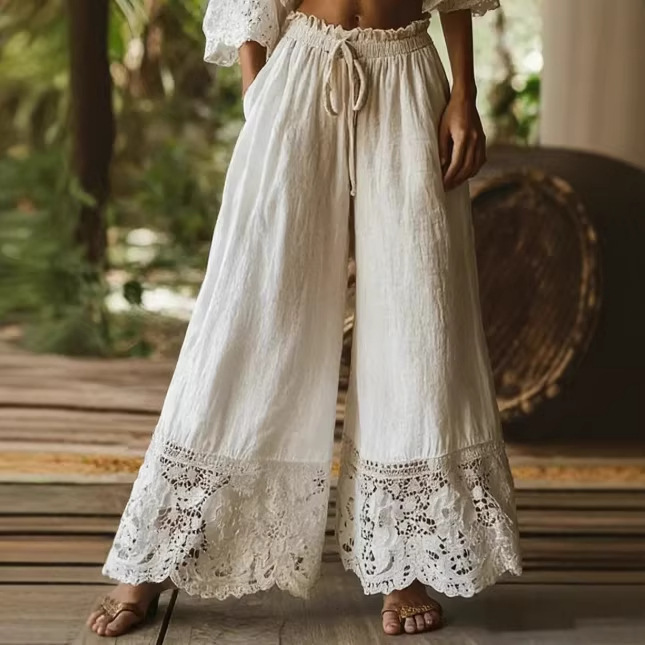 Cross-Border New Models Amazon Aliexpress Independent Site European and American Spring and Summer Fashion Imitation Cotton-Linen Solid Color Lace Women's Pants in Stock