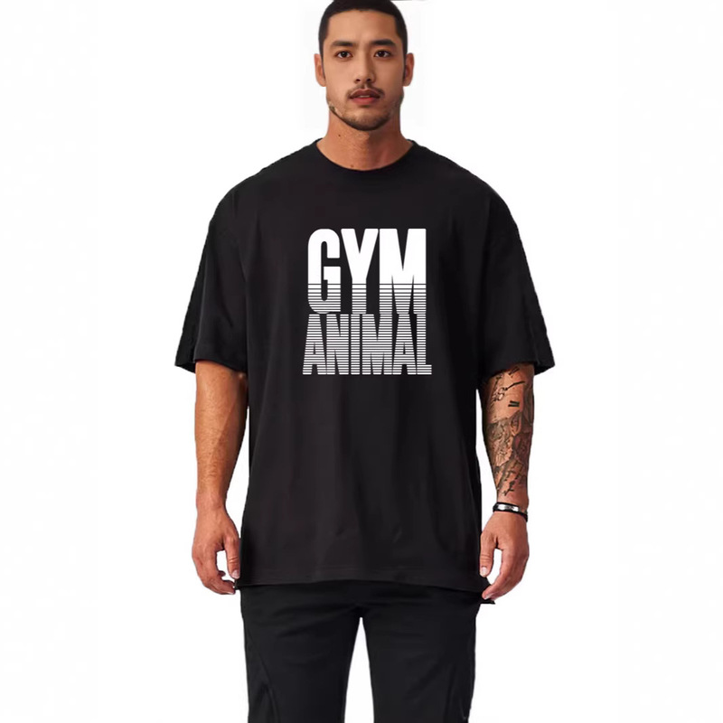 Gym National Trend Heavyweight 260 Fitness Sports Short Sleeve T-Shirt Pure Cotton Loose Plus Size Round Neck Top for Running