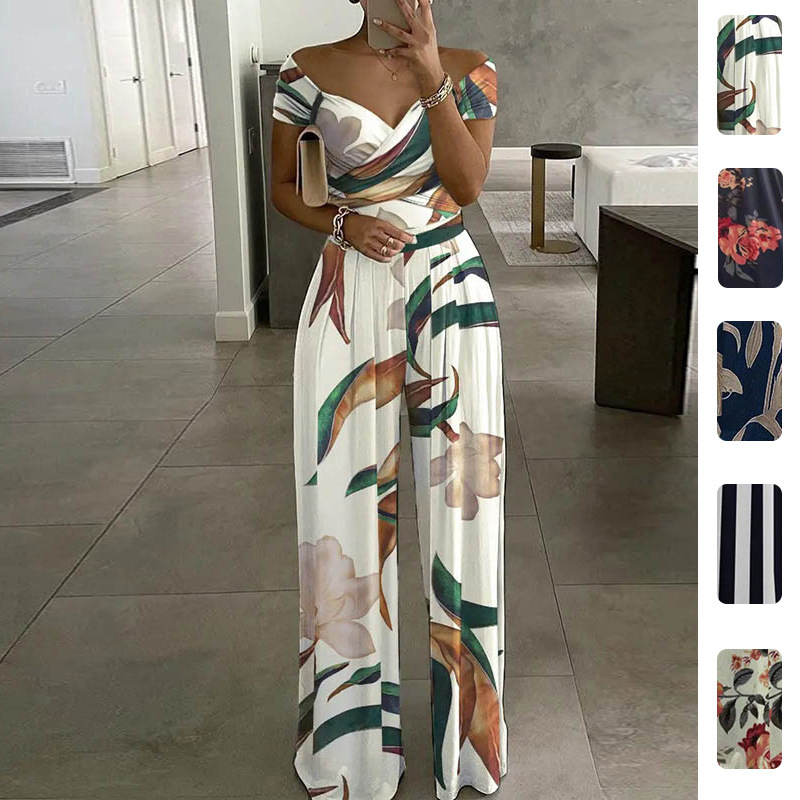 2026 Spring New European and American Cross-Border Women's Clothing Elegant Off-Shoulder Fashion Printed High-Waisted Jumpsuit