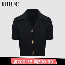 UR UC24夏季新款女装轻熟风设计感翻领紧身软糯针织外套