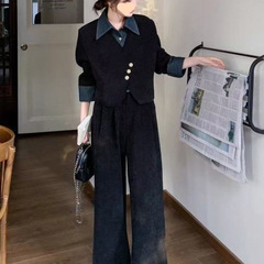 法式复古高级感上衣长裤两件套春秋季新款女气质阔腿裤假两件套装