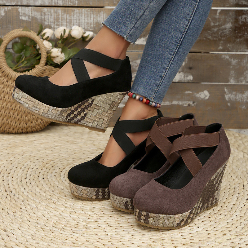 Women's elegant elastic band imitation cover thick heel sandals-high platform, elastic design, wedge heel suede shoes suitable