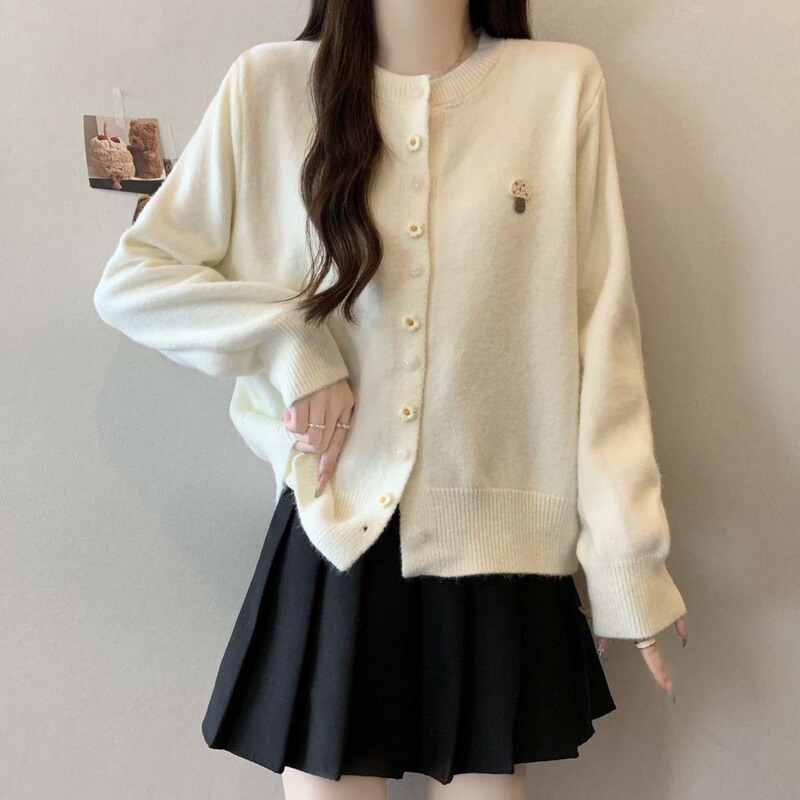 Women's knitted cardigan, Korean style, cartoon embroidery, round neck, 2026 new model, stylish and versatile jacket top for women Women's knitted cardigan, Korean style, cartoon embroidery, round neck, 2026 new model, stylish and versatile jacket top for women