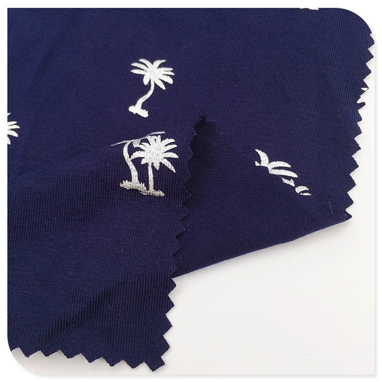 供应针织人棉氨纶汗布银泊烫银印花面料240G弹力