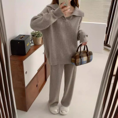 国境を越えた新しい純色シンプルな襟付きニットジャケット + ワイドパンツ2点セット