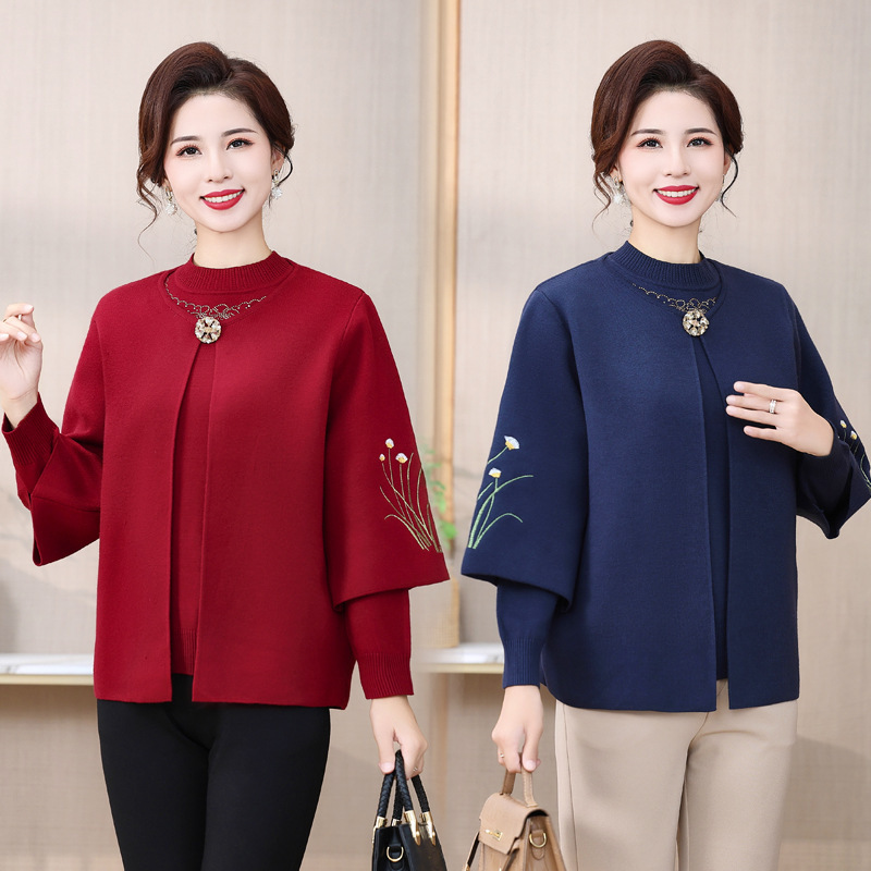Mom's Spring and Autumn Knitted Cardigan Western-style Top Grandma's Wedding Dress for Middle-aged and Elderly Women's Spring Two-piece Suit Mom's Spring and Autumn Knitted Cardigan Western-style Top Grandma's Wedding Dress for Middle-aged and Elderly Women's Spring Two-piece Suit