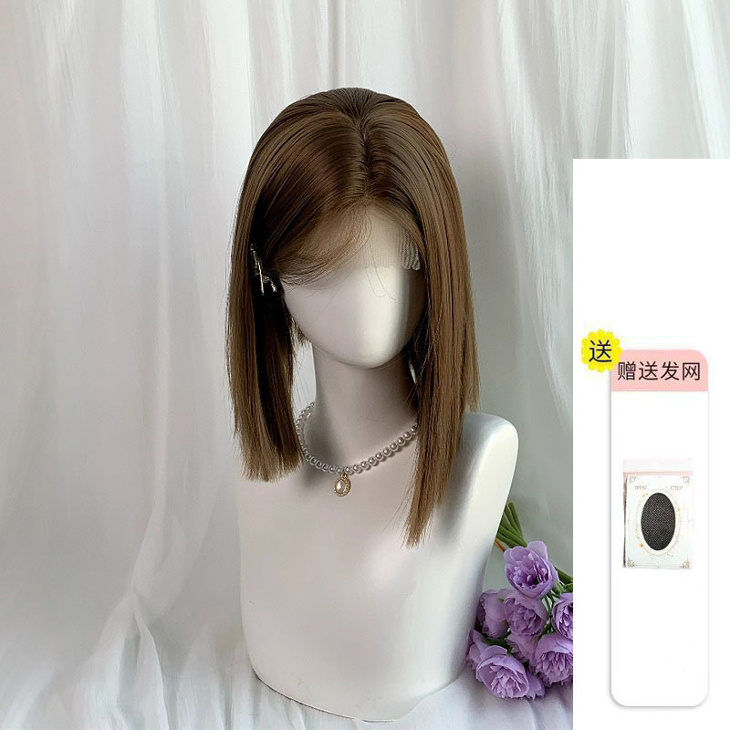 假发亚麻灰棕一刀切短发女全头套前额蕾丝高温丝日常|undefined