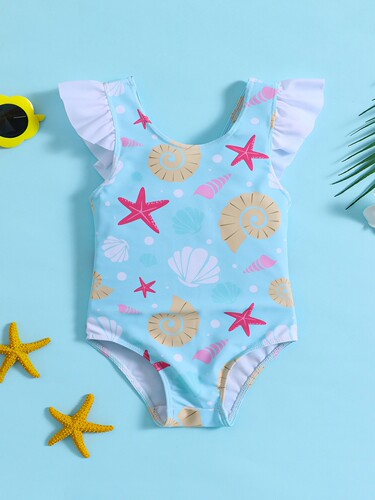 Cross-border foreign trade for children, girls and babies, starfish shell printing, lotus leaf bow swimsuit