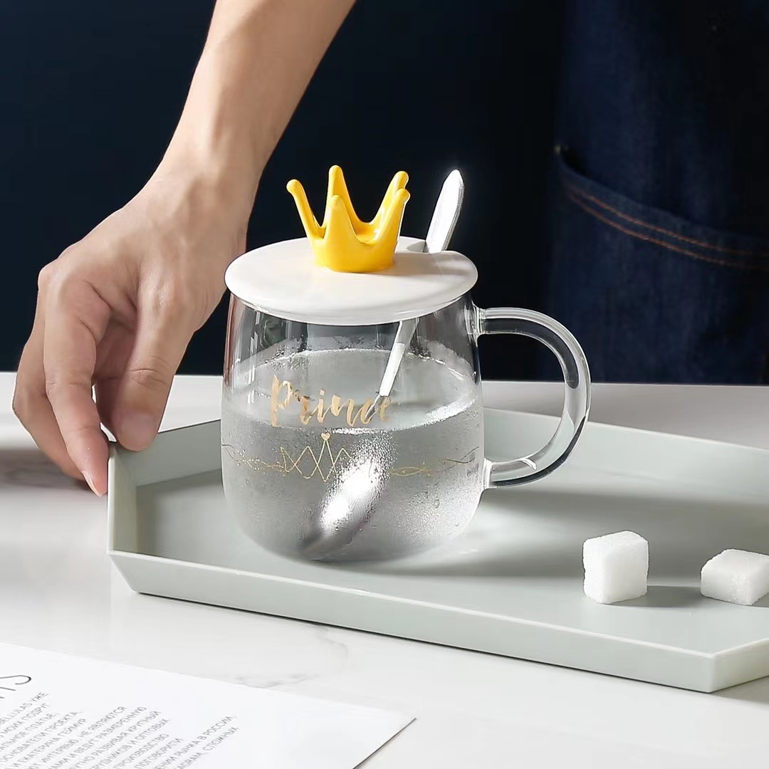 Estilo nórdico personalidad creativa corona vidrio transparente regalo con tapa cuchara taza de café simple Oficina inglés