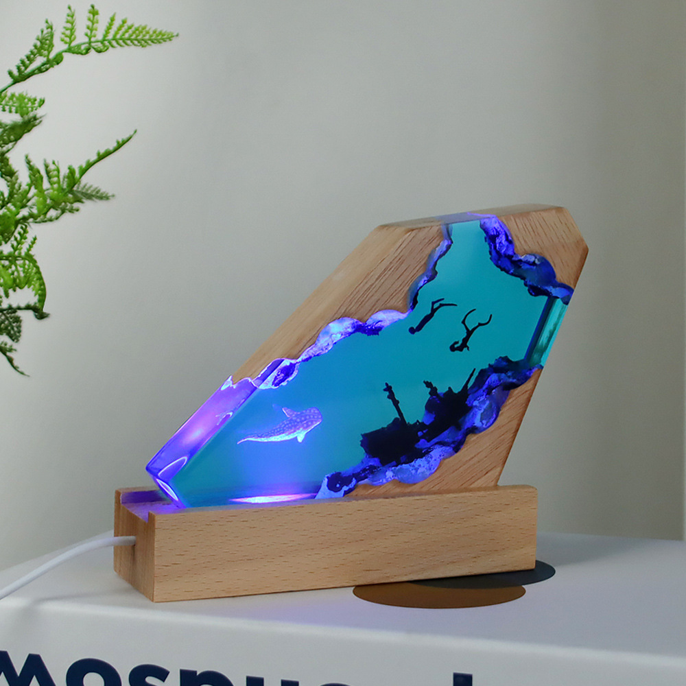 Marine micro landscape resin night light handmade ornaments epoxy resin solid wood lamp holder crafts  hot explosions