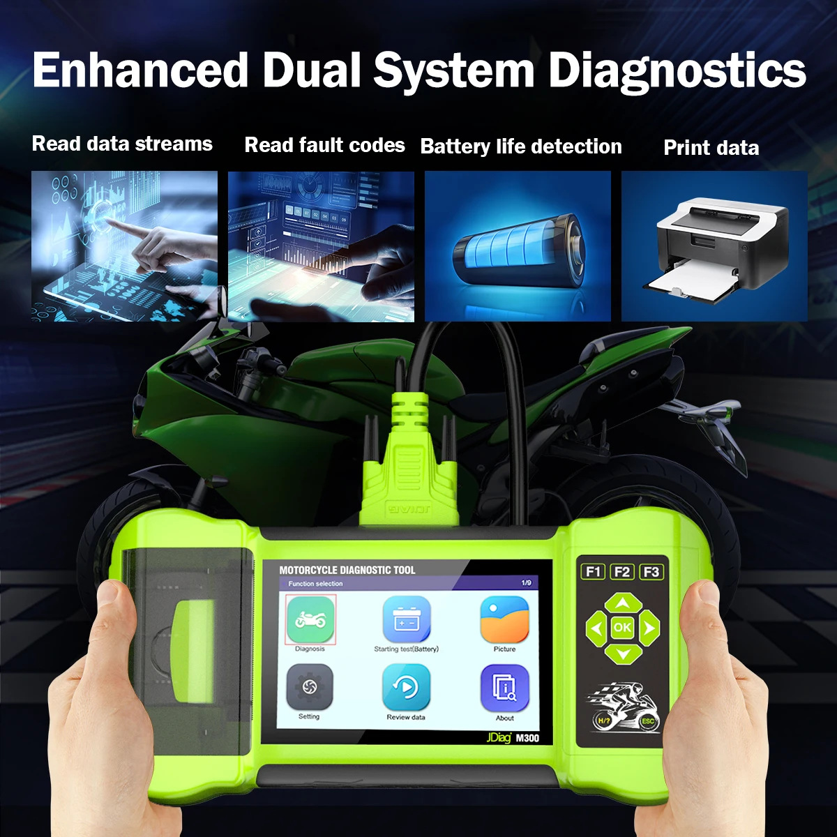 Transfronterizo TOPDIAG / JDiag M300 OBD2 Diagnostic Tool para motocicletas borrar códigos de fallas ABS