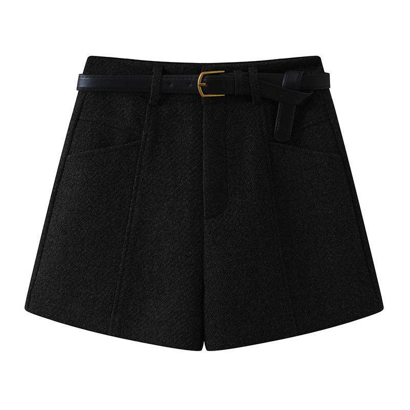 Quần short len cạp cao nữ dáng thẳng, phong cách thời thượng — Màu xám đậm (len nâng cấp), Màu đen (len nâng cấp)