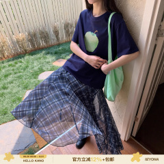你好卡农 不对称斜裁格纹半身裙女夏季新款设计感高腰a字格子长裙