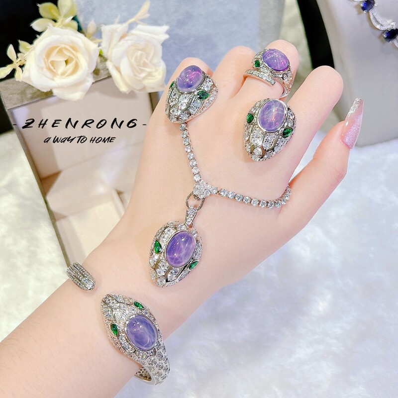High-set Jewelry Purple Starlight Stone Snake-shaped suit Amethyst Spirit Snake Pendant Opening Ring Color Treasure Earrings for Women High-set Jewelry Purple Starlight Stone Snake-shaped suit Amethyst Spirit Snake Pendant Opening Ring Color Treasure Earrings for Women