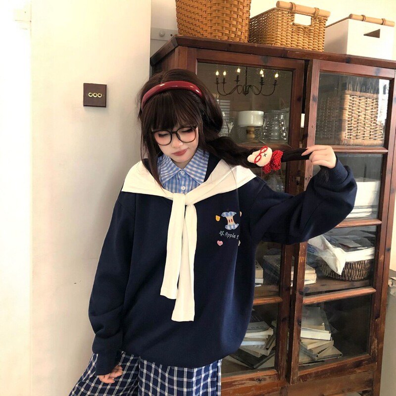 Apple Embroidered Shawl Fake Two-Piece Polo Collar Sweatshirt for Women 2026 New Loose Casual Thin Shirt Top Apple Embroidered Shawl Fake Two-Piece Polo Collar Sweatshirt for Women 2026 New Loose Casual Thin Shirt Top