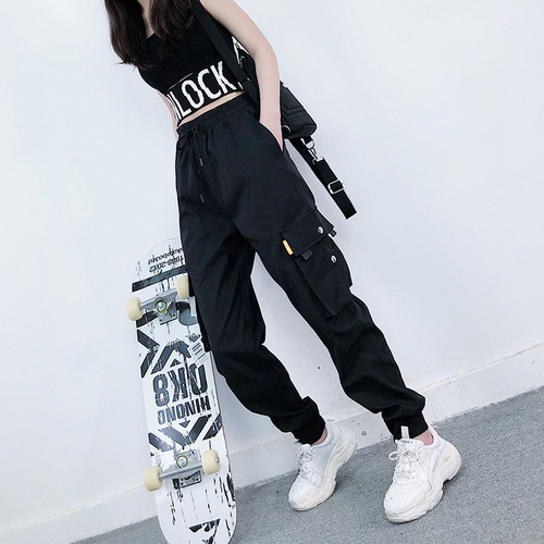 Women's oversized baggy cargo pants, boyfriend style, ankle-tied, trendy brand, short-stature-friendly harem pants, black pants for women, Korean-style straight-leg pants.