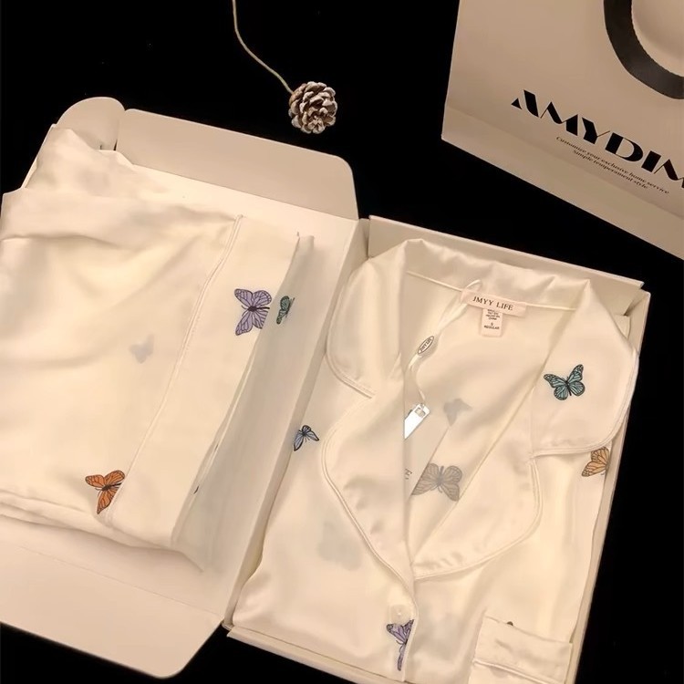 White Moonlight Butterfly Pajamas Women's Spring and Autumn 2025 New Ice Silk Long Sleeve High-Quality Silk Home Clothes Summer