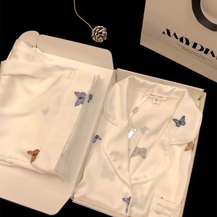 White Moonlight Butterfly Pajamas Women's Spring and Autumn 2025 New Ice Silk Long Sleeve High-Quality Silk Home Clothes Summer