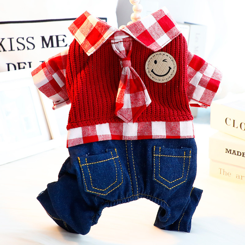 Dog Clothes Spring and Autumn Smiling Face Plaid Tie Denim suit Handsome Four-legged Small Dog Teddy Pet 6329 Dog Clothes Spring and Autumn Smiling Face Plaid Tie Denim suit Handsome Four-legged Small Dog Teddy Pet 6329