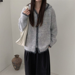 韩系撞色连帽拉链针织开衫女秋冬新款休闲宽松慵懒风软糯毛衣外套