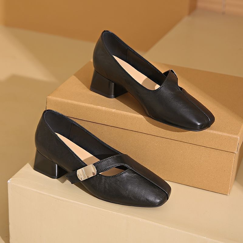 Zapatos de cuero suave estilo francés, zapatos de cuero suave, zapatos de talón único, zapatos de caño grueso, 2026 nuevos zapatos versátiles