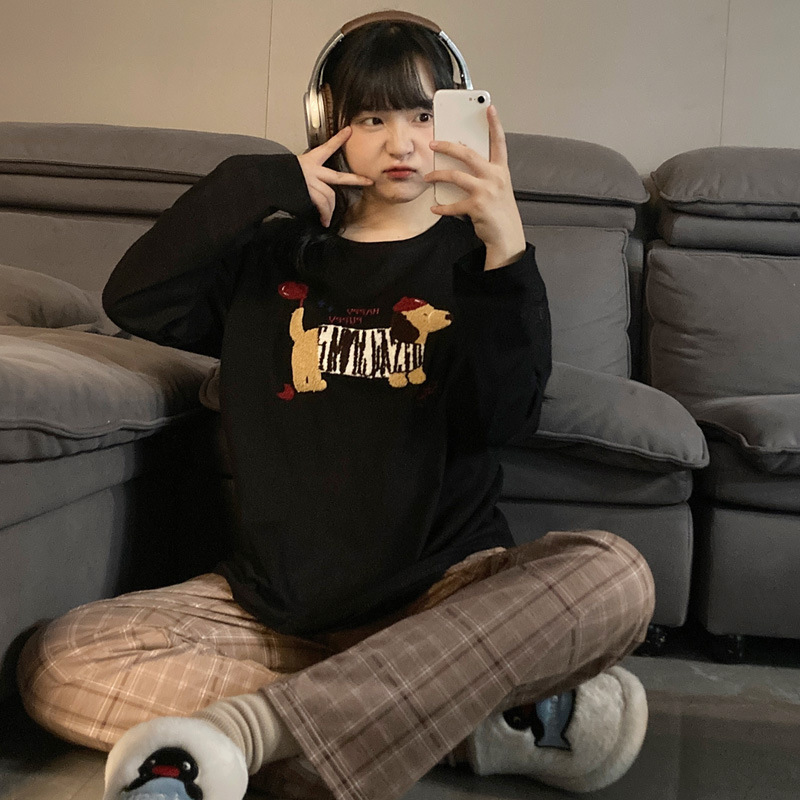 Cute Dachshund Towel Pajamas Women's Spring and Autumn Cotton Long Sleeve Round Neck Korean Style Plaid Home Clothes suit