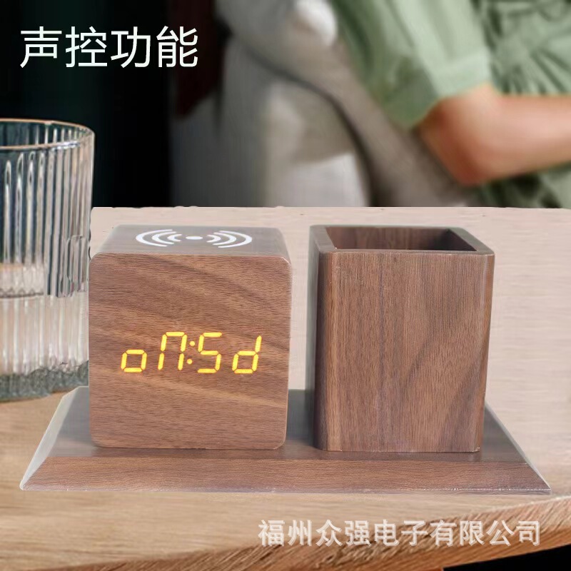 筆筒目覚まし時計創意無線充電led木製デスクトップ子供リビングルーム音控静音led卸売り電子時計|undefined