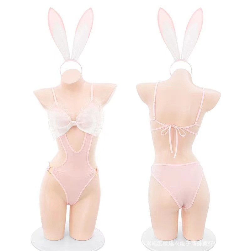 Sweet Bunny Uniform Costume Lingerie Set with Bow Detail and Pink Stockings — detail image 6