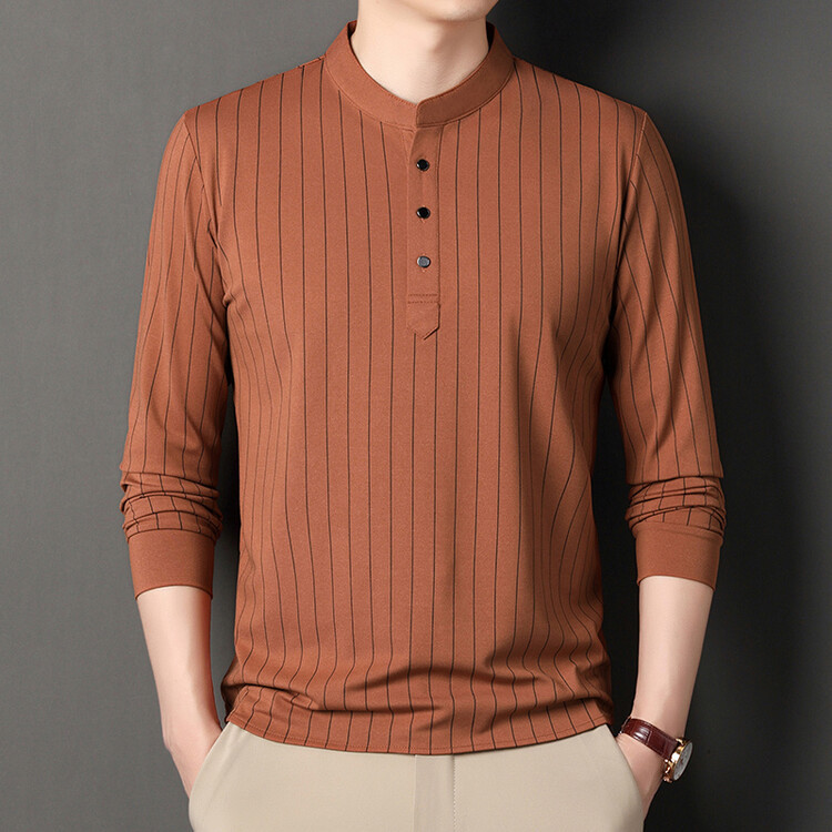Spring and Autumn New Vertical Collar Vertical Stripe Long Sleeve T-shirt Young Men's Top Casual Men's T-shirt Polo Shirt