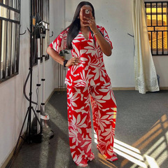 欧美女装大码印花V领休闲衬衣阔腿长裤非洲时尚宽松新款两件套女