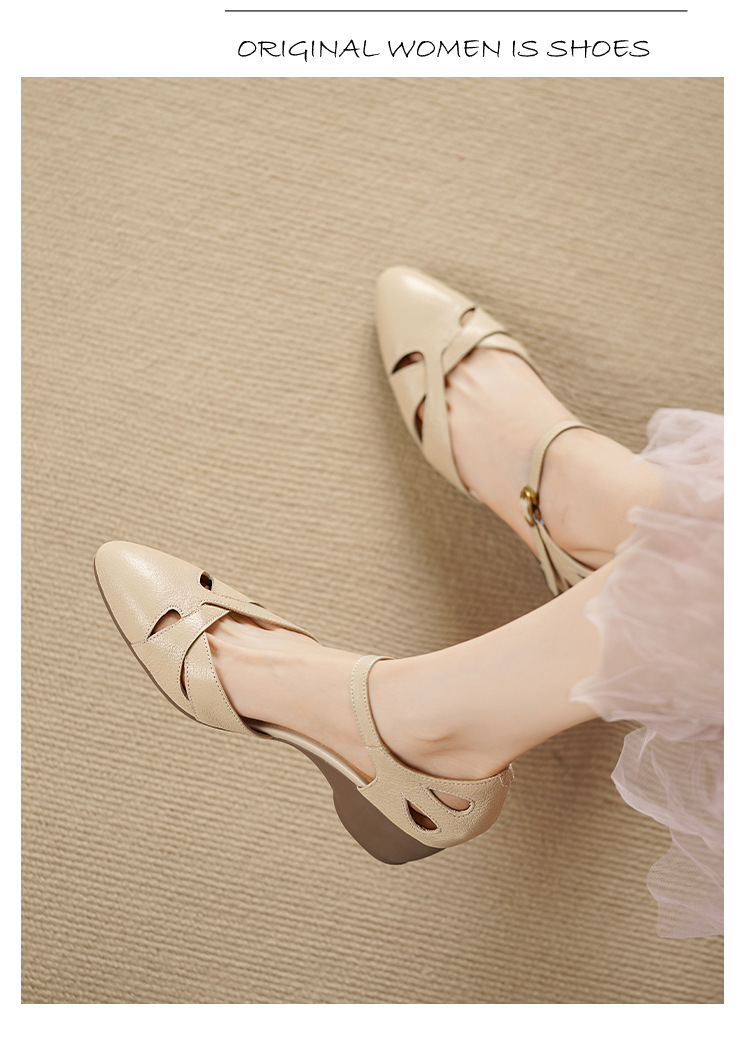 Sandal nữ da dê nguyên tấm mũi khoét gót vuông đế xuồng — Màu trắng nhạt chi tiết 8