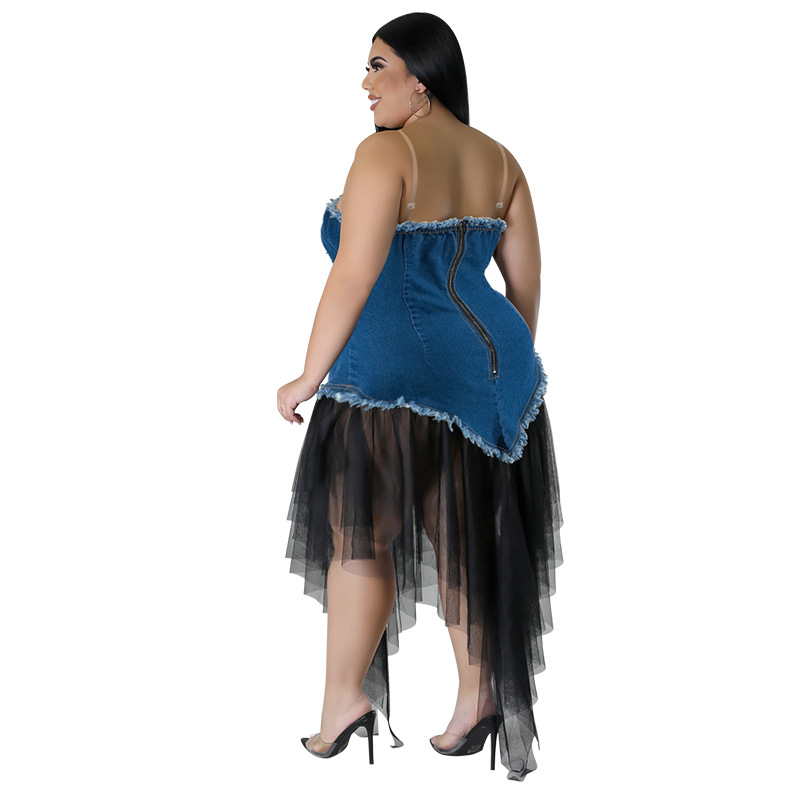 Damen Plus Size Kleid Mit Denim Patchwork Und Mesh Für Jeden Anlass_voghion.com