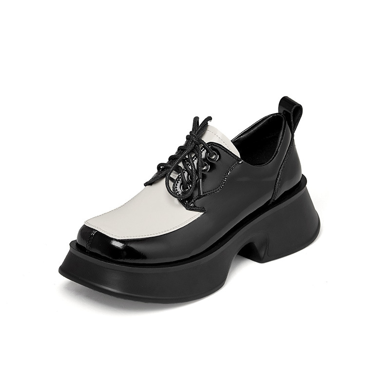 Giày loafer nữ đế xuồng platform da thật buộc dây phối màu đen trắng — màu đen