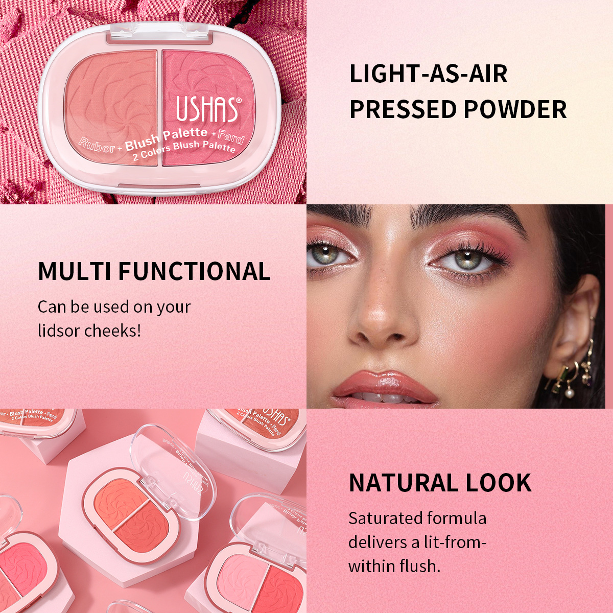 USHAS European and American Cross-border spot 2 Gongge Rubor en polvo en polvo, ligero y delicado, efecto de maquillaje natural UF099B