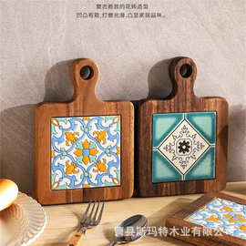 日式复古木质花砖隔热垫木制杯垫带把手家居厨房桌面餐垫锅垫盘垫