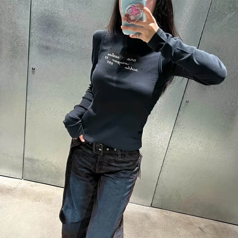 秋冬新款韩系百搭正肩字母印花圆领长袖假两件T恤修身显瘦上衣女|undefined