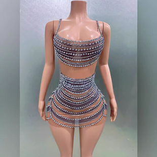 Sexy Mesh Transparent Miniskirt Full of Diamond Sling Nightclub Stage Wear Birthday Party Ceremony