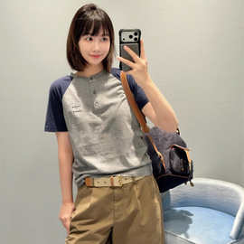 南油高品原标MIIU缪家复古少女感灰麻藏青的撞色插肩袖短袖T恤