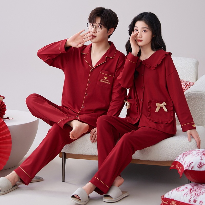 Couple's Pure Cotton Pajamas Big Red Wedding Wedding Year Spring and Autumn Long Sleeve Pants Women's Life Home Clothes suit