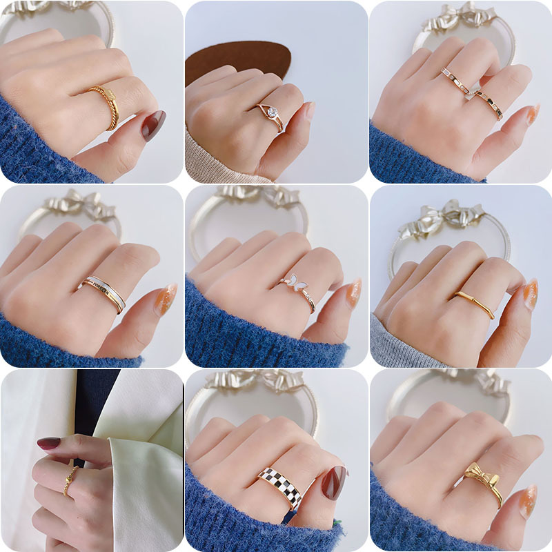 Simple Style Plaid Butterfly Bow Knot Titanium Steel Inlaid Shell Zircon Rings