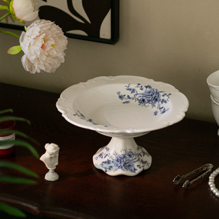 French Medieval Blue and White Ceramic Tall Plate Jewelry Storage Plate Fruit Dessert Plate Tableware European Style