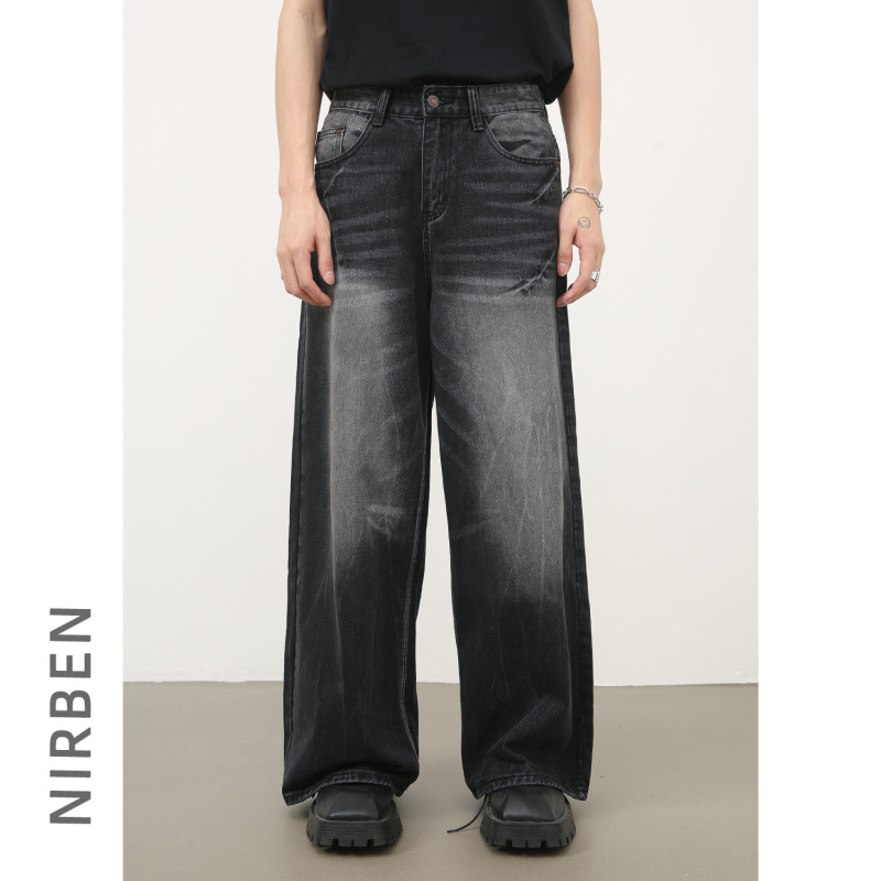 Nirben Denim | American High Street Lightning Pattern Loose Straight Denim Men's Retro Washed cleanfit Pants Nirben Denim | American High Street Lightning Pattern Loose Straight Denim Men's Retro Washed cleanfit Pants
