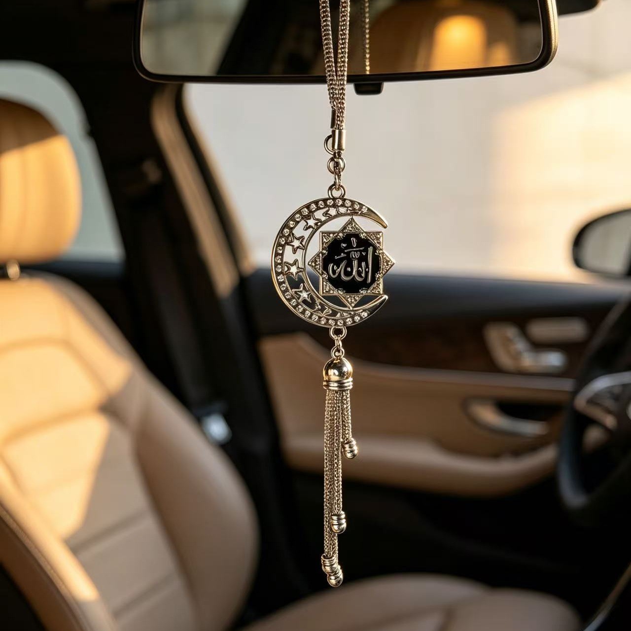 Golden Star and Moon Enamel Car Pendant, 3D Scripture Car Hanging Ornament, Diamond-Encrusted Rearview Mirror Tassel Decoration, Cross-Border Wholesale