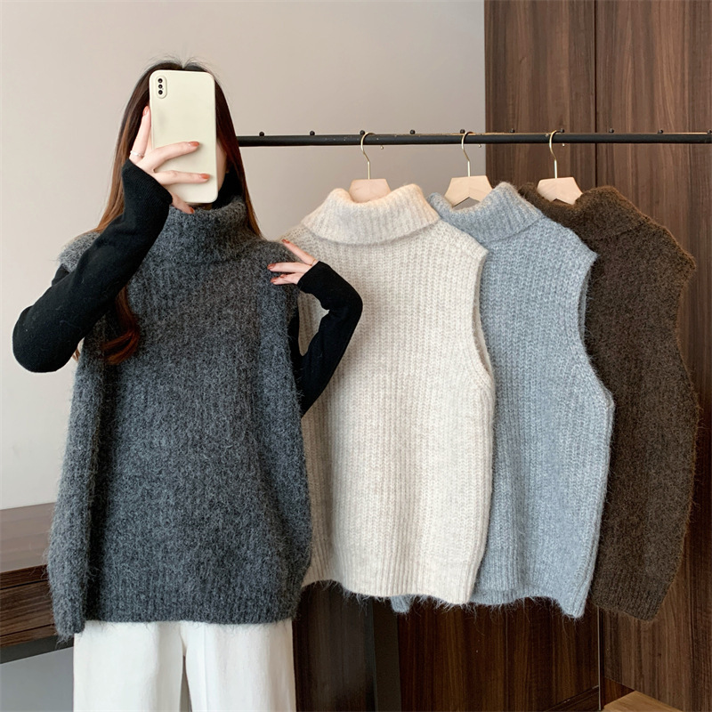 Plus Size Korean Style Turtleneck Sweater for Chubby Women, Lazy and Relaxed Sleeveless Rolled Collar Sweater, Chunky Knit Top