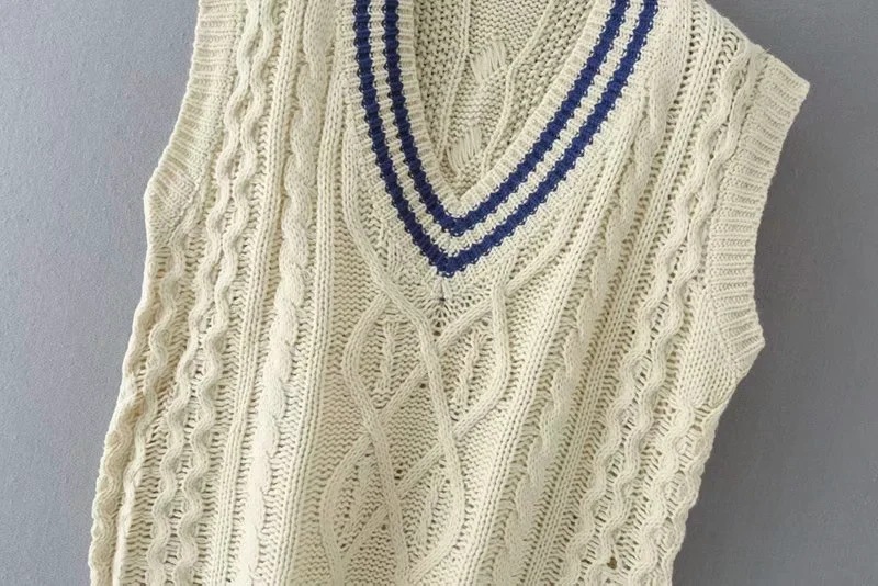 Striped contrast color V-neck twist loose vest NSAC20140